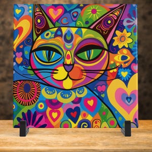 Cats Ceramic Decorative Tile Wall Art, Colorful Heart Accents to Cheer Up Your Space, Unique Gift for Cat Lovers - 6x6&quot; Glossy Ceramic Tile