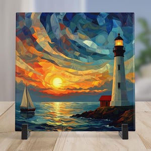 Coastal Lighthouse Ceramic Art Tile - Nautical Themed Wall Art - Serene Ocean Art