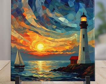 Coastal Lighthouse Ceramic Art Tile – Nautical Wall Decor (6x6)