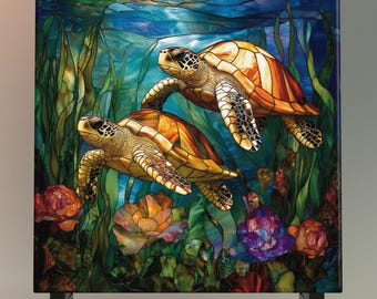 Under the Sea Turtles Ceramic Tile - Stained Glass Look Coral Reef Art