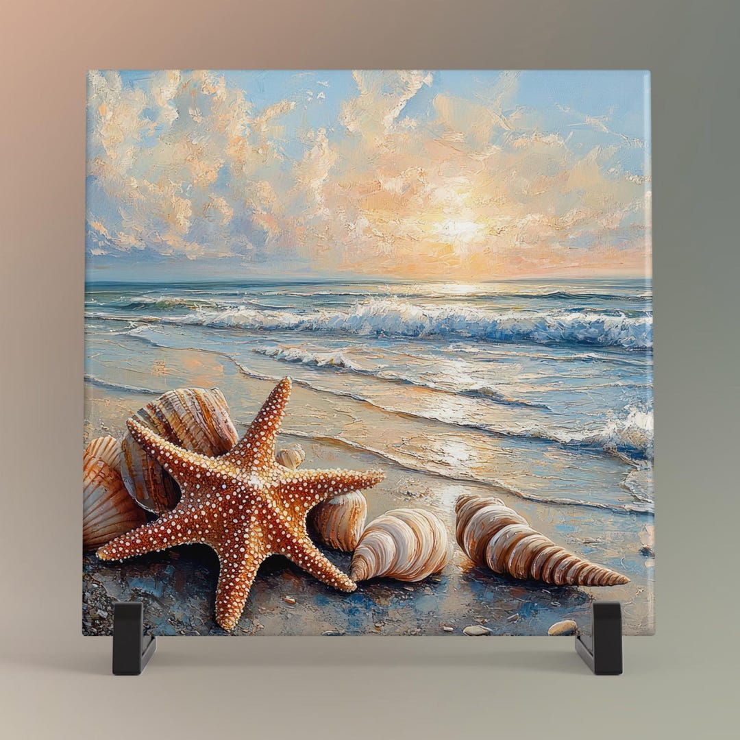 Coastal Beach Art Ceramic Tile - Sunset Seashells & Starfish Decor for ...