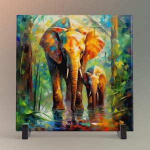 May include: A vibrant painting of two elephants in a lush, colorful forest. The adult elephant and calf are depicted walking through water, with the artwork showcasing a mix of warm and cool tones. The painting is displayed on a square canvas.