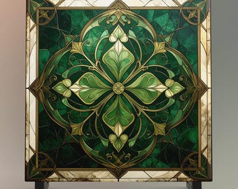 Celtic Knot Ceramic Tile Art - Art Nouveau Irish Home Decor - Four Leaf Clover Style