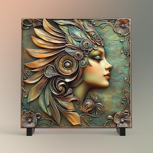 Art Deco Art Tile, Vintage Bronze 1930s Woman, Elegant Wall Decor for Art Nouveau Style, Retro Home Accents II