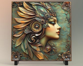 Art Deco Woman Ceramic Tile, Vintage Bronze Art Nouveau Wall Decor