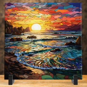 Ocean Waves Sunset II Stained Glass Look Art, Beautiful Ceramic Tile for Artful Display and Perfect Gift Idea