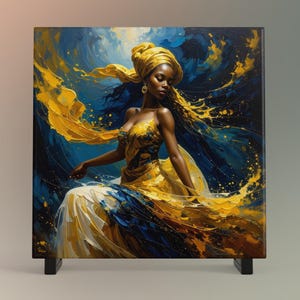 May include: An artistic painting on canvas depicts a woman in a flowing yellow and blue dress. The woman is wearing a yellow head wrap and gold earrings. The background is a swirl of blue and yellow paint, creating a dynamic and elegant composition.