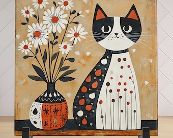 Vintage Cat Ceramic Tile Art – Retro Kitty with Flowers