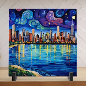 Chicago Starry Night Ceramic Art Tile, Iconic Chicago Lakefront Design, Whimsical City, Galley Wall Hanging, Chicago Art