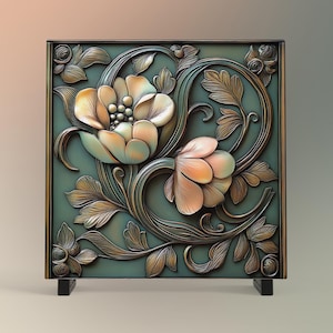 Art Deco Floral Tile, Vintage Bronze Rose Flowers Art, Elegant Wall Decor for Art Nouveau Style, Retro Home Accents