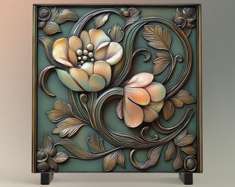 Art Deco Floral Tile, Vintage Bronze Rose Art Nouveau Wall Decor