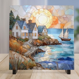 Coastal Living Ceramic Wall Art Tile, Stained Glass Look Art, Beautiful Ocean View Tile for Artful Display and Home Decor for Small Spaces