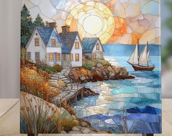 Coastal Stained Glass Look Ceramic Tile, Ocean View Wall Art