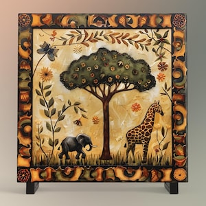 African Folk Art Ceramic Tile, Detailed Wildlife Safari Artwork for Home Decor, Charming African Aesthetic Spring Gift