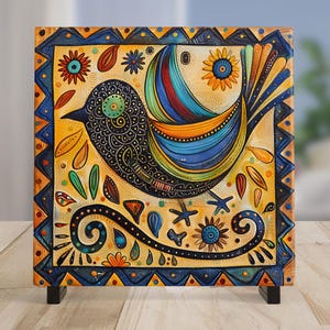 Whimsical Bird Ceramic Tile Art, Quirky Home Decor for Bird Enthusiasts, Nature Inspired Folk Art