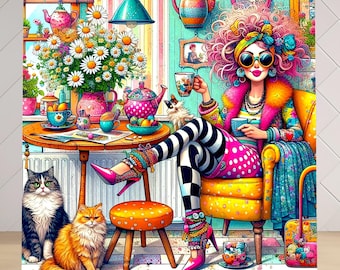 Quirky Cat Lady Coffee Time Ceramic Tile | Fun Wall Decor