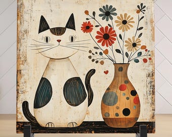 Vintage Cat with Flowers Ceramic Tile Art – Retro Home Decor