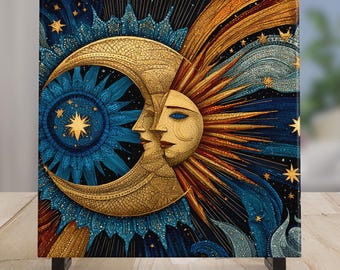 Celestial Ceramic Art Tile - Sun and Moon Mosaic Look Art - Serene Wall Decor