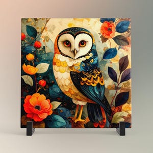 Whimsical Owl Folk Art Ceramic Tile - Unique Nature Lovers Decor - Minimalist Wall Hanging for Gift Giving - Artisan Home Wall Plaques
