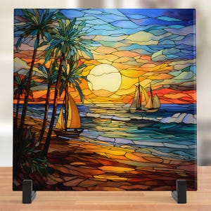 Ocean Waves Stained Glass Look Art, Beautiful Ceramic Tile for Artful Display and Perfect Gift Idea