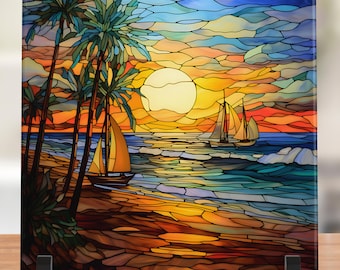 Ocean Waves Stained Glass Look Ceramic Tile Art, Sunset Seascape Display
