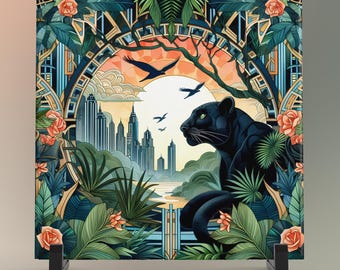 May include: A black panther sits in a jungle scene with a cityscape in the background. The panther is facing left and has green eyes. The jungle scene is lush and green with palm trees and flowers. The cityscape is in the distance and is made up of tall buildings. The sun is setting in the background and the sky is orange and yellow.