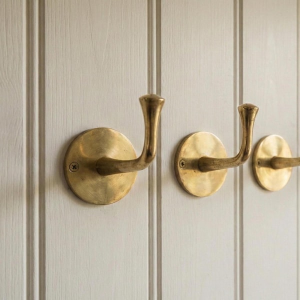 Antique Solid Brass Wall Hook | Double Coat & Towel Hook for Entryway Bathroom