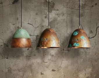 Set of 3 Patina Copper Pendant Lights, Each unique patina - Handmade Rustic Island Lighting