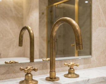 Unlacquered Solid Brass Widespread Bathroom Faucet, 3-Hole Deck Mount Vanity Faucet, Antique Finish