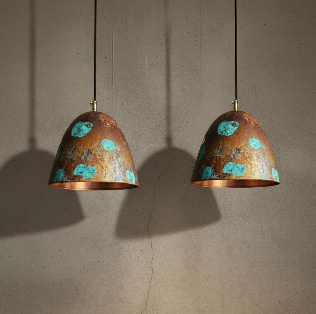 Rustic Copper Lights Set of 2 Patina Copper Pendant Lights - Handmade Rustic Island Lighting ...