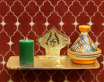 Engraved Brass Floating Shelf: Moroccan Vintage Wall Decor (12x4.3x5.1")