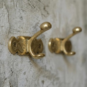May include: Two antique brass wall hooks. Each hook has a decorative, ornate backplate with a curved hook. The hooks are mounted on a textured, light gray wall. The hooks are made of brass and have a shiny finish.