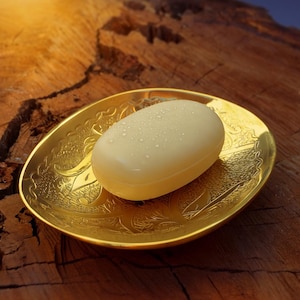Handmade Unlacquered Brass Soap Dish, Self-Draining Engraved Tray | Bathroom Countertop Soap Holder | Natural Patina Decor, Engraved Design
