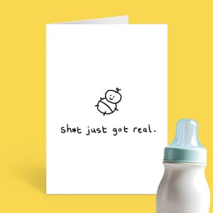 面白いベビーシャワーカード、新生児、新米の両親。おどけた、間抜けな落書き [BUTTDUCK]