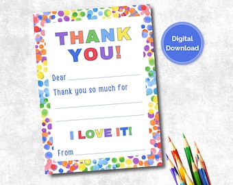 Kids Printable Fill in the Blank Thank You Card, Kids Birthday Thank You Card Printable, Instant Download, Flat Notecard