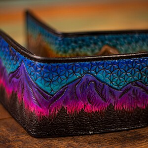 Men's Tooled Leather Wallet | Mountains and trees | Sunset | Retro Style | Sacred Geometry | Pink | Purple | Blue | Orange