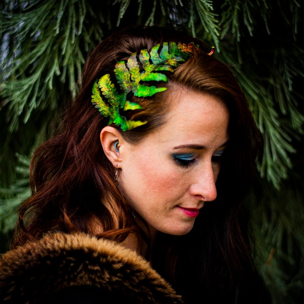 Leather Fern Headband- Green w/ Red Accent