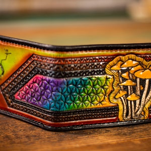 Cartera de cuero labrado para hombre / Flor de la vida / Patchwork retro / Hongos Azurescen / Psicodélico / Molécula / Psilocibina