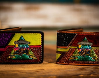 Men's Tooled Leather Wallet | UFO | Bigfoot | Retro Style | Mountains | Lake