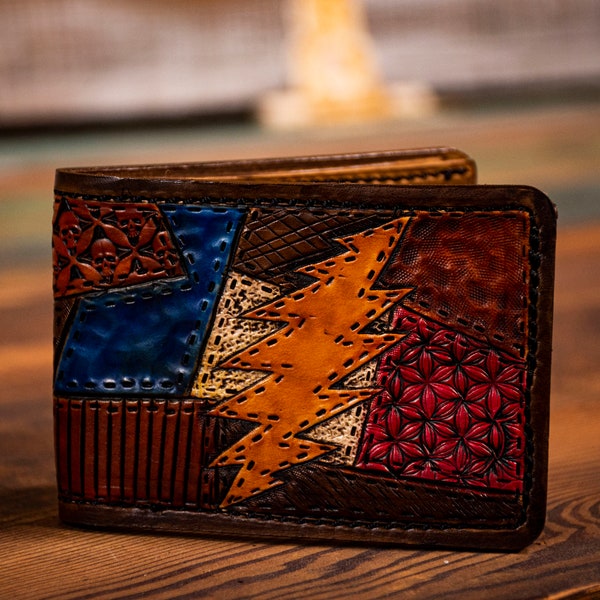 Men's Tooled Leather Wallet- Patchwork- Grateful - stealie bolt