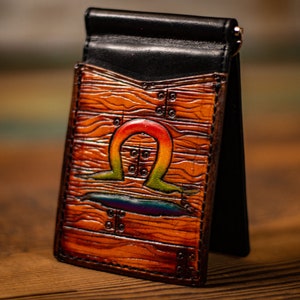 Money Clip Wallet / Signo astrológico personalizable / Libra / Grano de madera / Minimalista