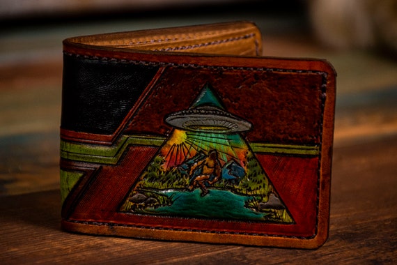 Men's Tooled Leather Wallet | UFO | Bigfoot | Retro Style