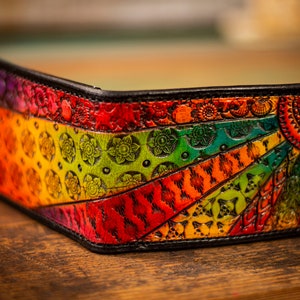 Men's Tooled Leather Wallet | Patchwork | Rainbow | Stamped | Sun Burst