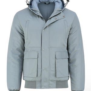 May include: A light blue hooded jacket with a zipper closure and multiple pockets. The jacket has a ribbed hem and cuffs.