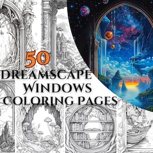 50 Dreamscape Windows Malseiten Inspirierende Malbuchseiten für Erwachsene, die Entspannung und Kreativität suchen Wunderschön detaillierte Kunst