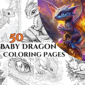 May include: A collection of 50 colouring pages featuring adorable baby dragons in various poses. The pages include dragons flying, reading, sleeping, and drinking water.  These colouring pages are perfect for kids and adults who love dragons.