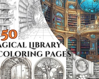 50 Magische Bibliothek Malseiten Inspirierende Malbuch Seiten für Erwachsene auf der Suche nach Entspannung & Kreativität Wunderschön detailliertes Farbbuch