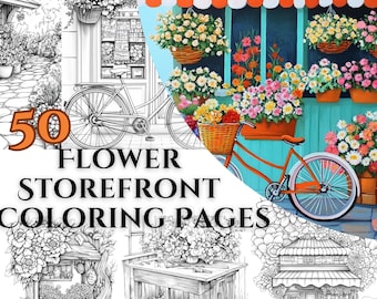 May include: 50 black and white flower storefront coloring pages. The image shows a variety of flower shops with bicycles, baskets, and flowers.