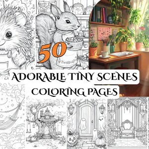 Puede incluir: Un conjunto de 50 páginas para colorear en blanco y negro con escenas pequeñas adorables. Las escenas incluyen un erizo, una ardilla, una hamaca, una casa, una puerta y un trono.