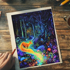 Fantasy coloring page with unicorns, foxes, and detailed forest designs, ideal for adult coloration and stress relief.